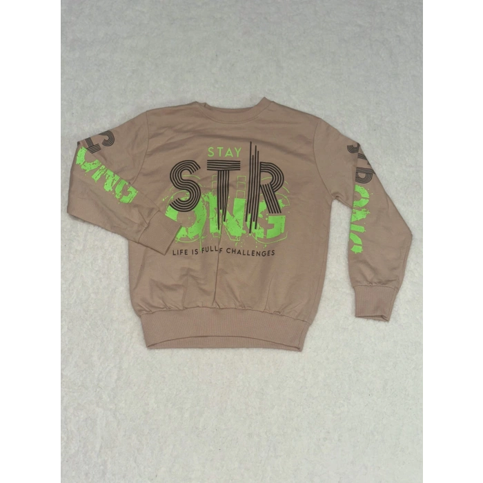 Sty yeşil siyah yazı baskılı bisiklet yaka erkek çocuk sweatshirt vizon