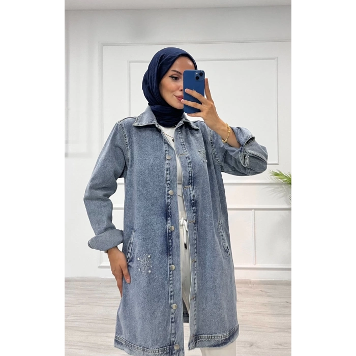Taşlı tunik ceket kar yıkama orta mavi d2516