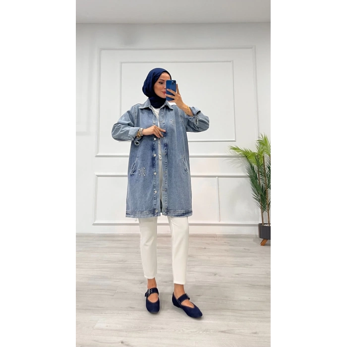 Taşlı tunik ceket kar yıkama orta mavi d2516
