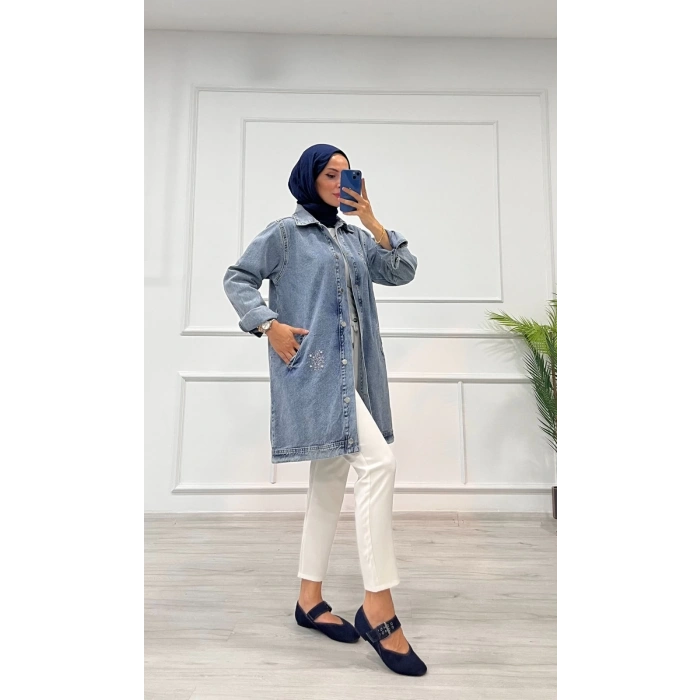 Taşlı tunik ceket kar yıkama orta mavi d2516