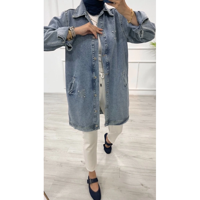 Taşlı tunik ceket kar yıkamalı mavi d2516