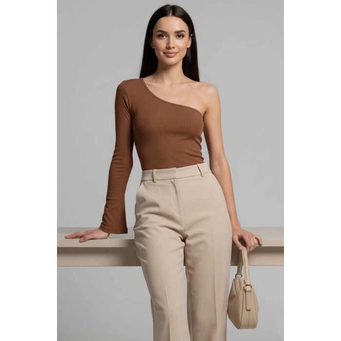 Tek Omuzlu Basic Bluz kahve T4275