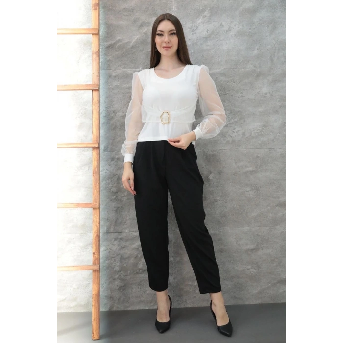 Tokalı tül kollu bluz beyaz t4071
