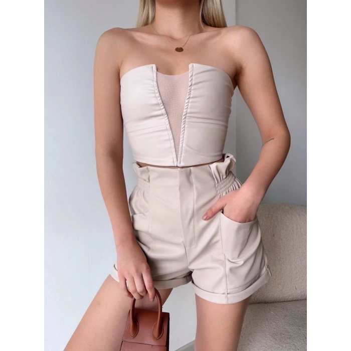 Tüllü deri crop bej w24615