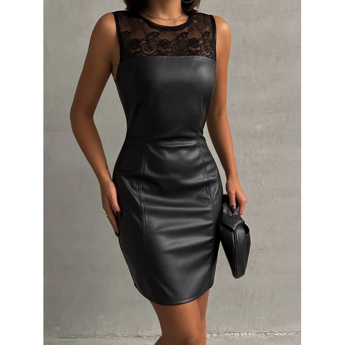 Üstü dantelli straplez deri elbise siyah w24421