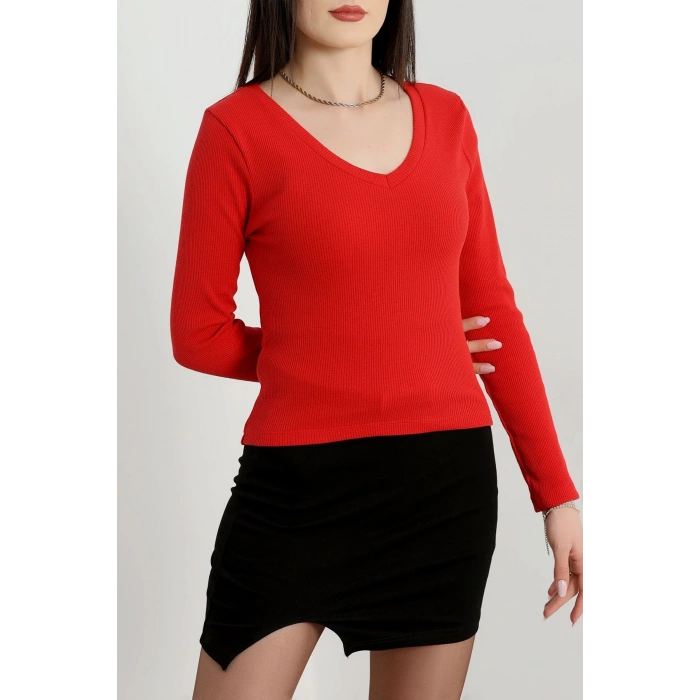 V yaka kaşkorse bluz kırmızı a3699