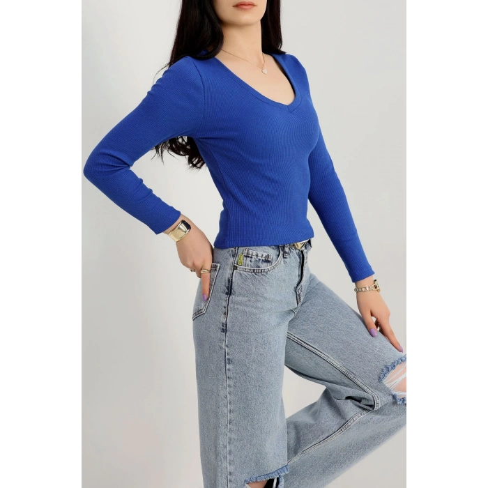 V yaka kaşkorse bluz saks mavisi a3699