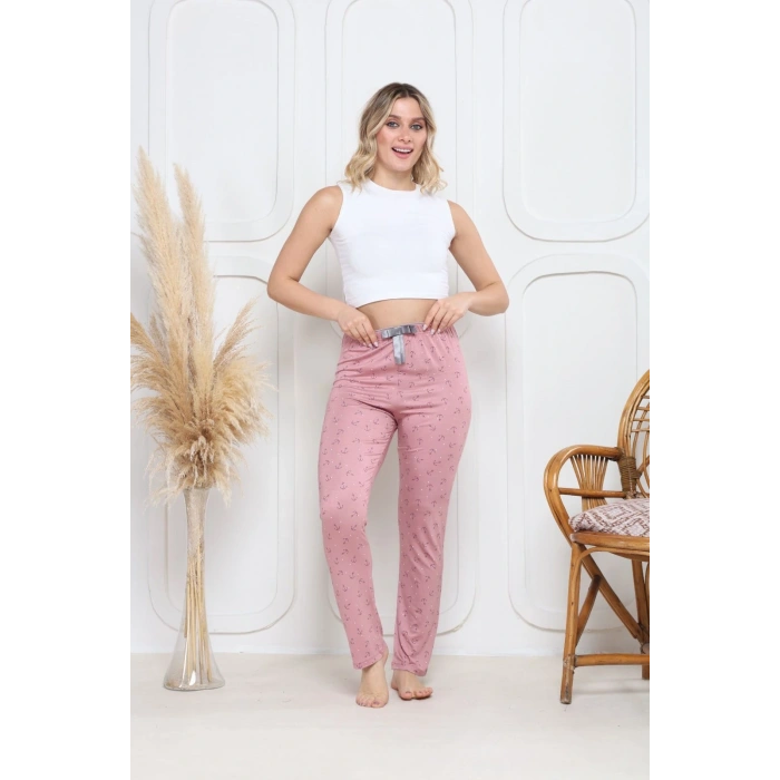 Viskon likralı alt pijama demir pembe baskı desenli q6018