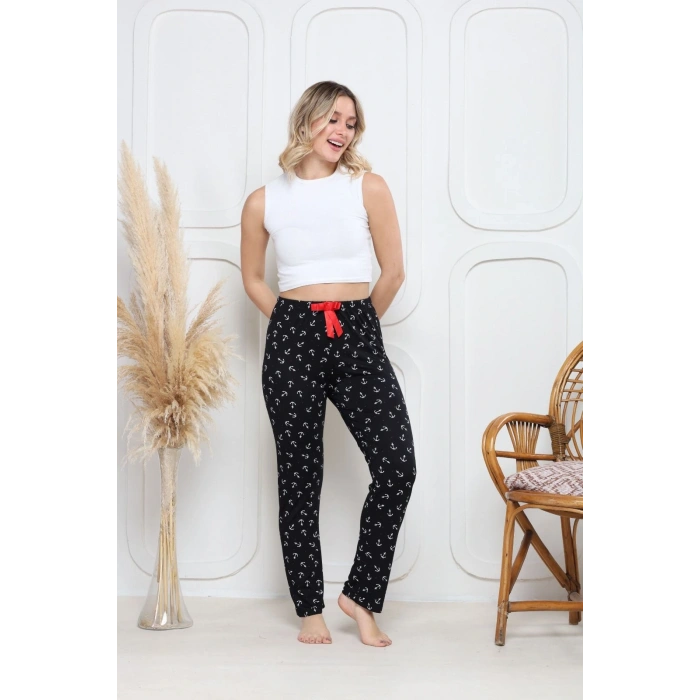 Viskon likralı alt pijama demir siyah baskı desenli q6018