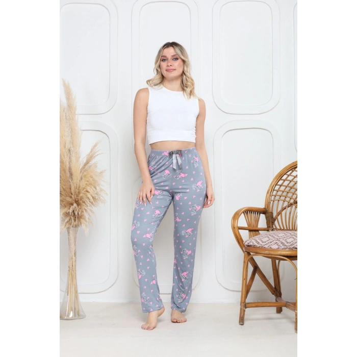 Viskon likralı alt pijama gri üzerine pembe kelebek baskı desenli q6018