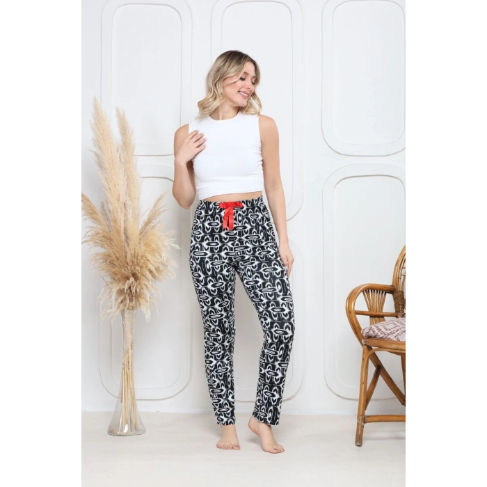 Viskon likralı alt pijama süzgülü siyah baskı desenli q6018