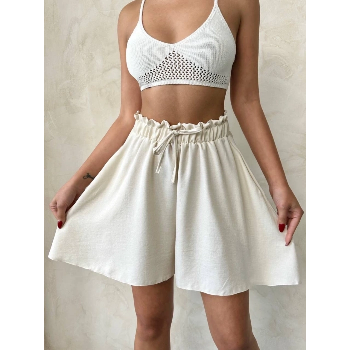 Volanlı keten şort bej s255058