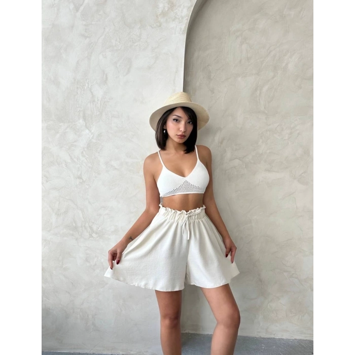Volanlı keten şort bej s255058