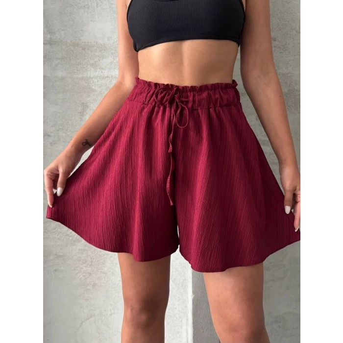 Volanlı keten şort bordo s255058
