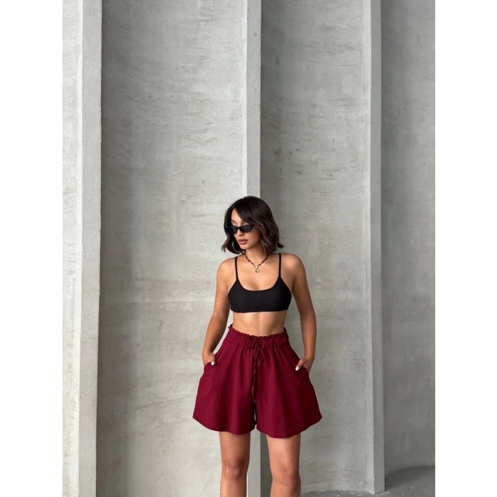 Volanlı keten şort bordo s255058