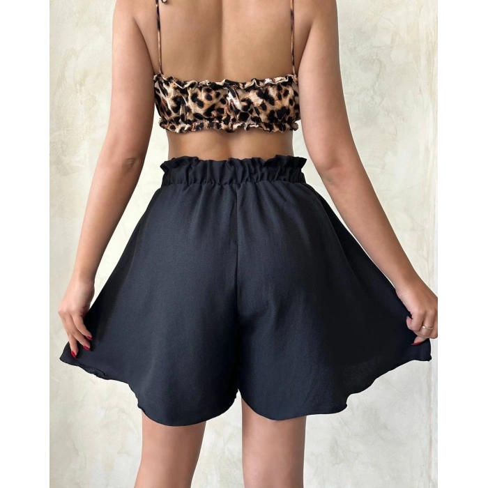Volanlı keten şort siyah s255058