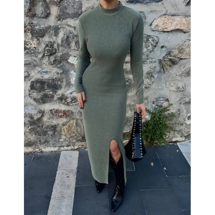 Yırtmaçlı kalın bürümcük uzun elbise Yeşil