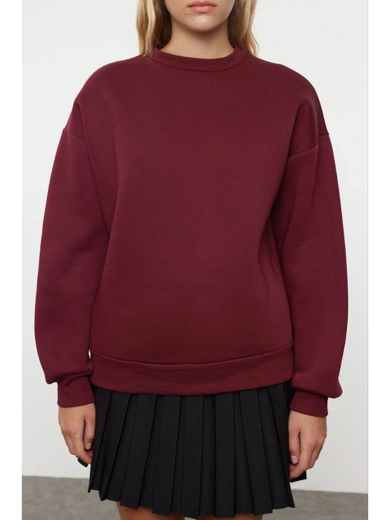 3 iplik şardonlu bisiklet yaka sweatshirt bordo