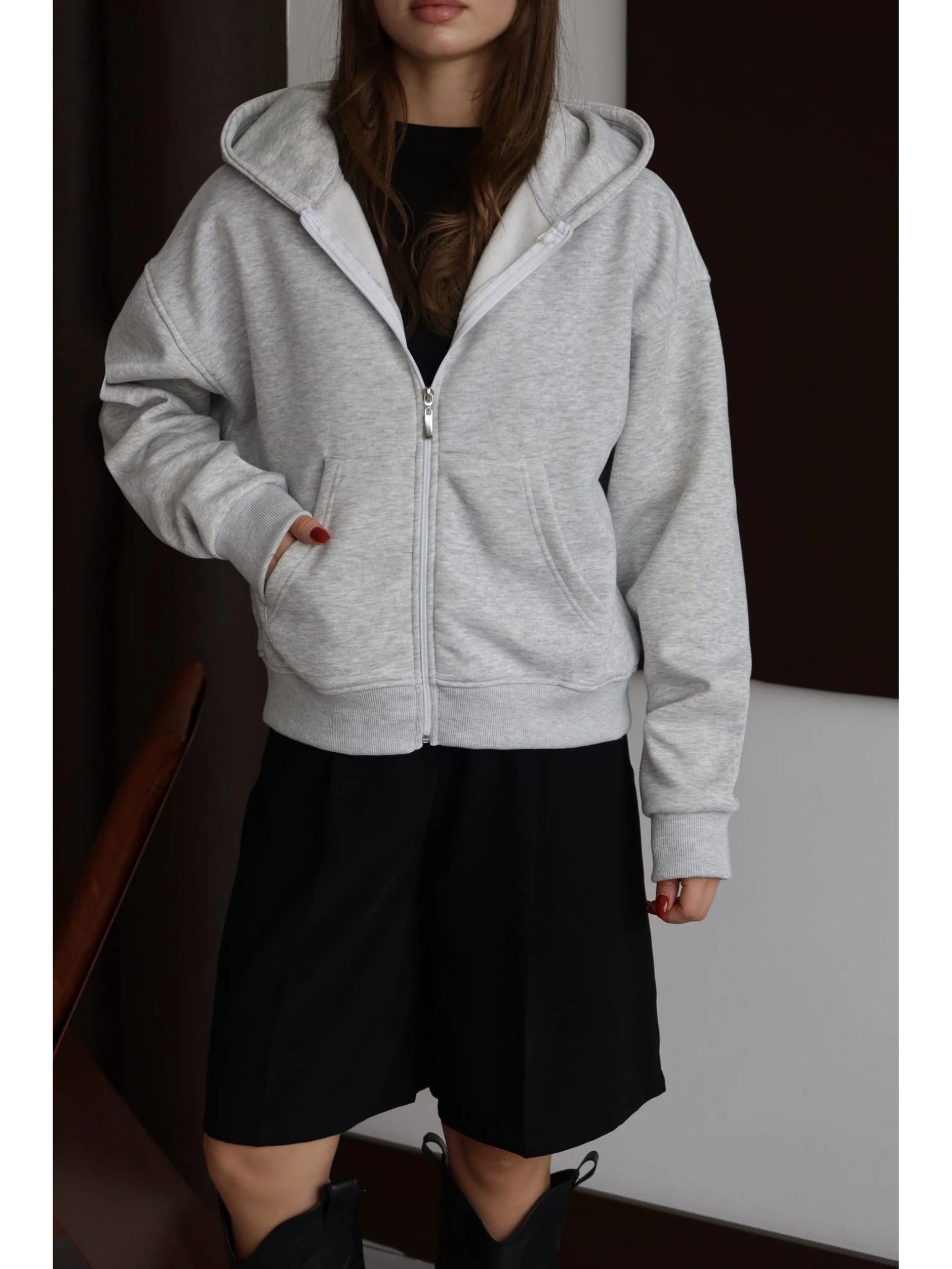 3 iplik şardonlu kapşonlu hoodie frm gri p510437