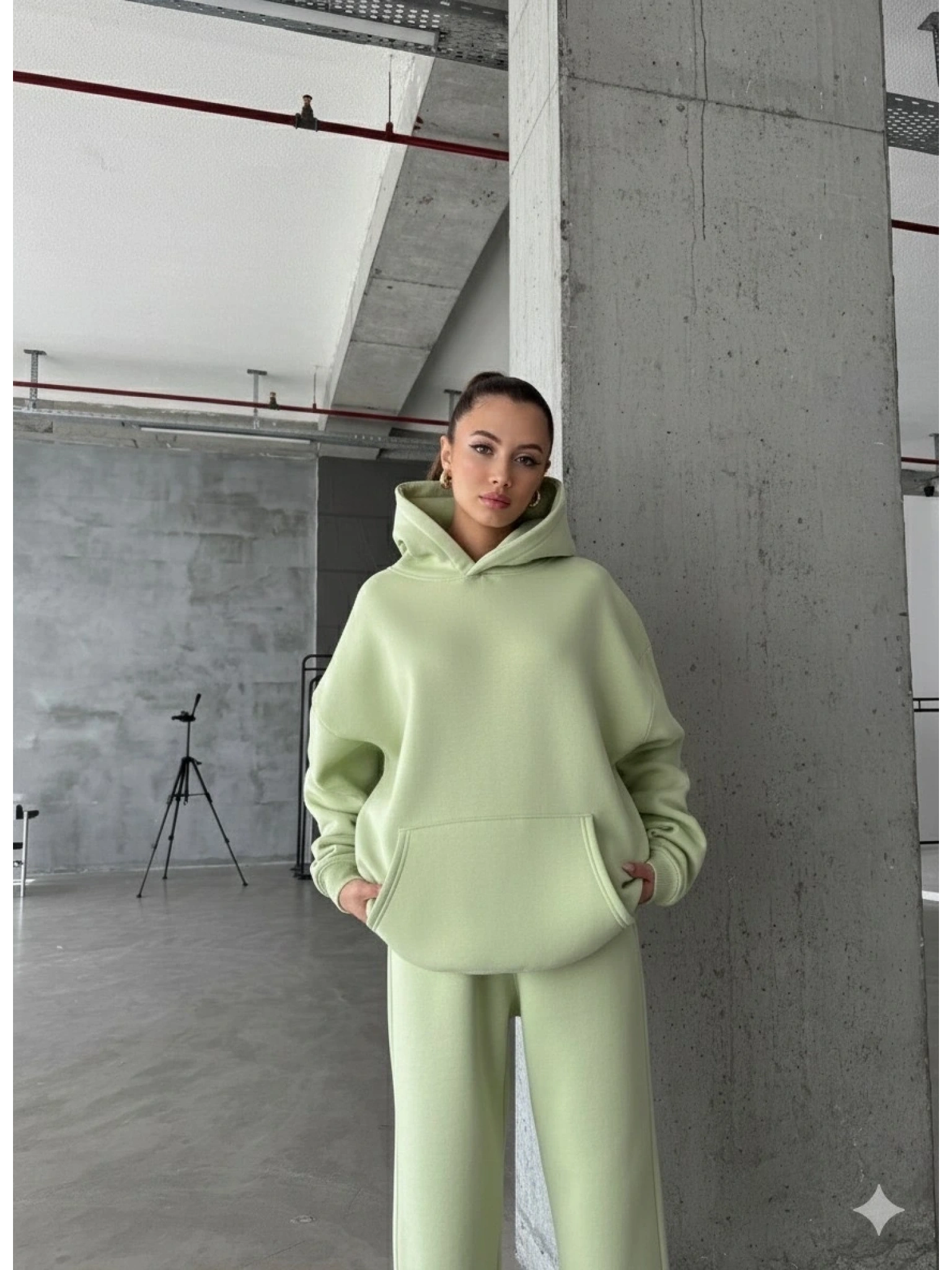 3 iplik şardonlu kapşonlu sweatshirt mint p510436