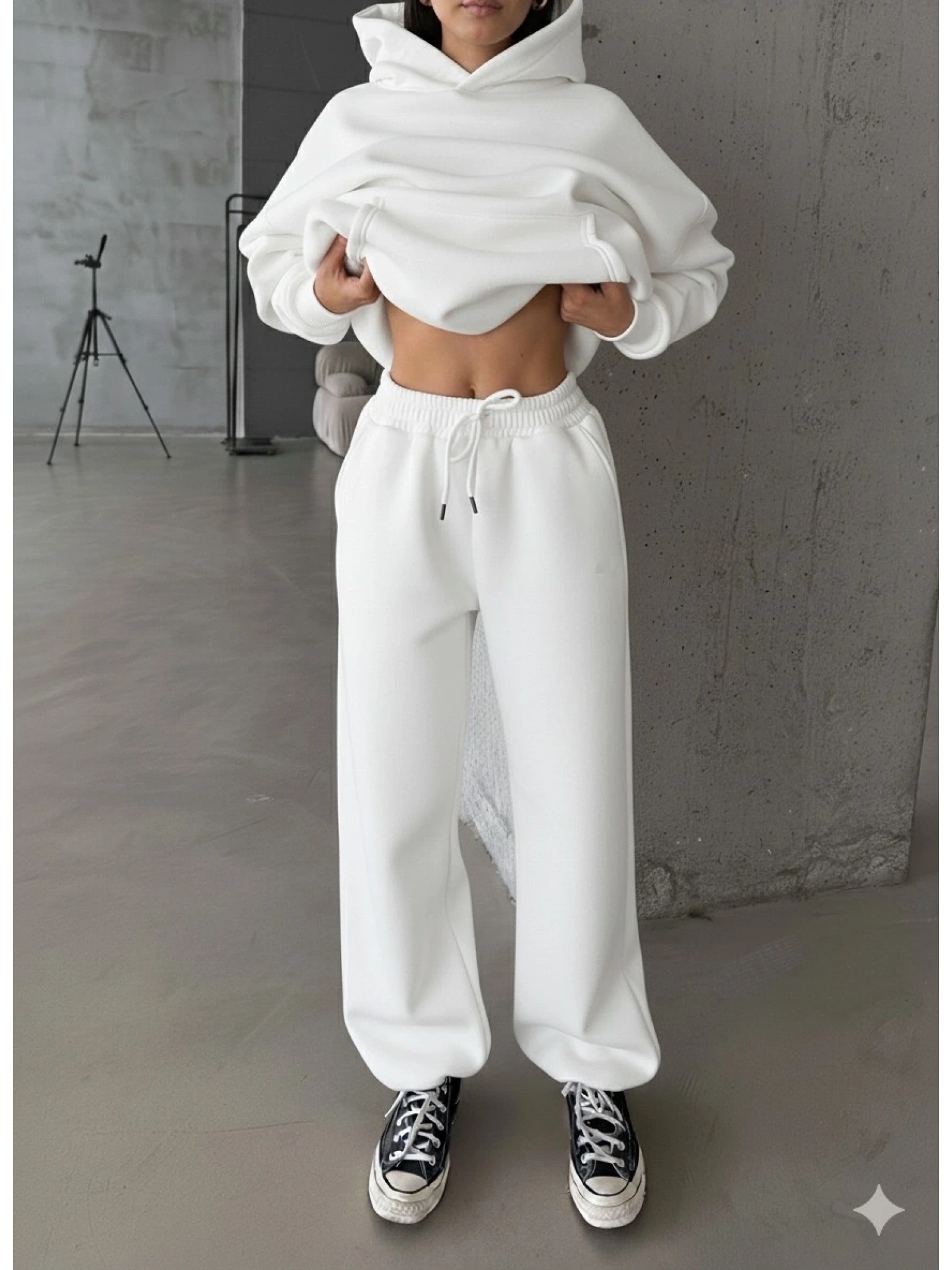 3 iplik şardonlu Lastik paça eşofman beyaz p510439