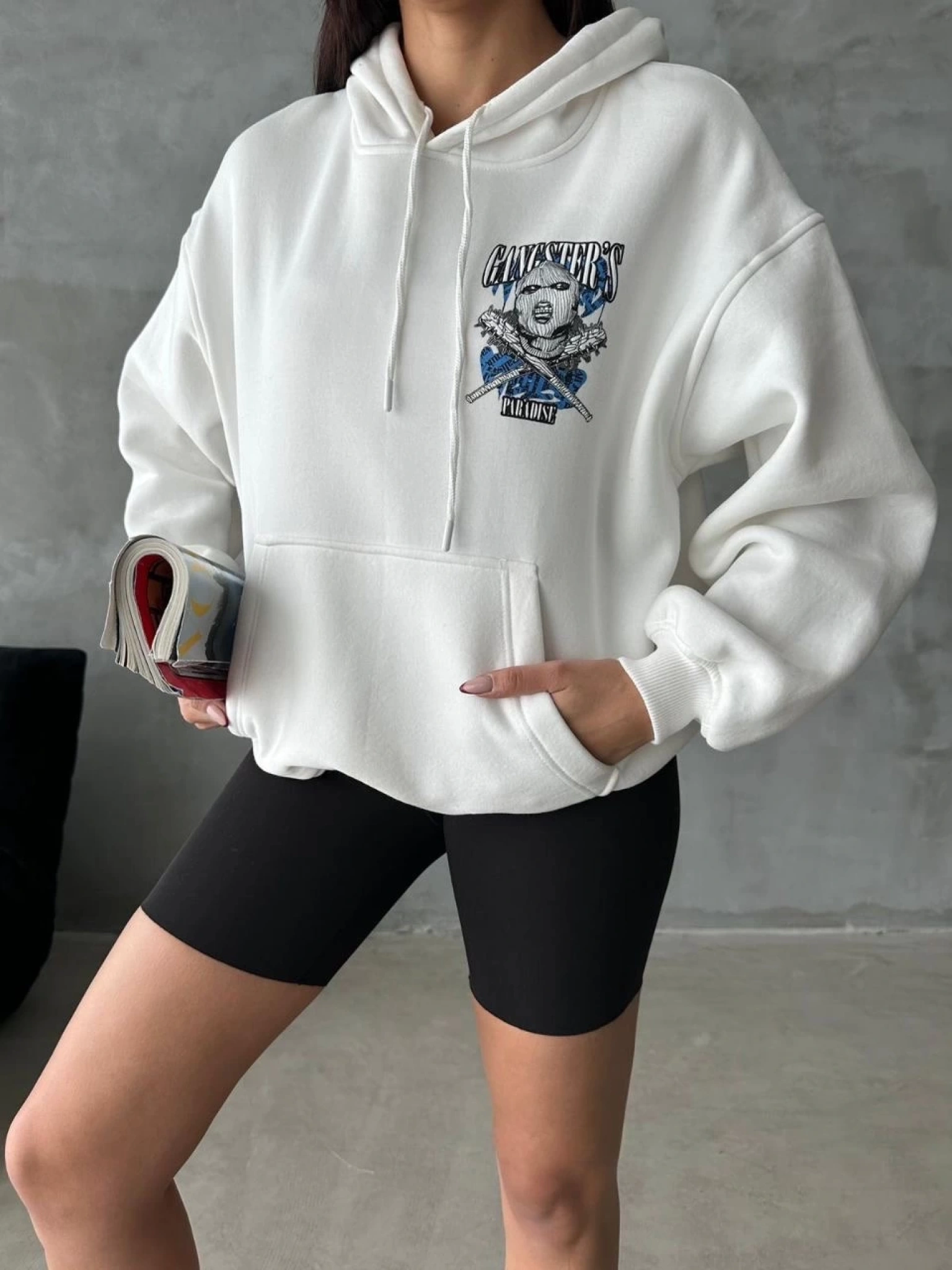 3 iplik şardonlu oversize kafa baskılı sweat beyaz