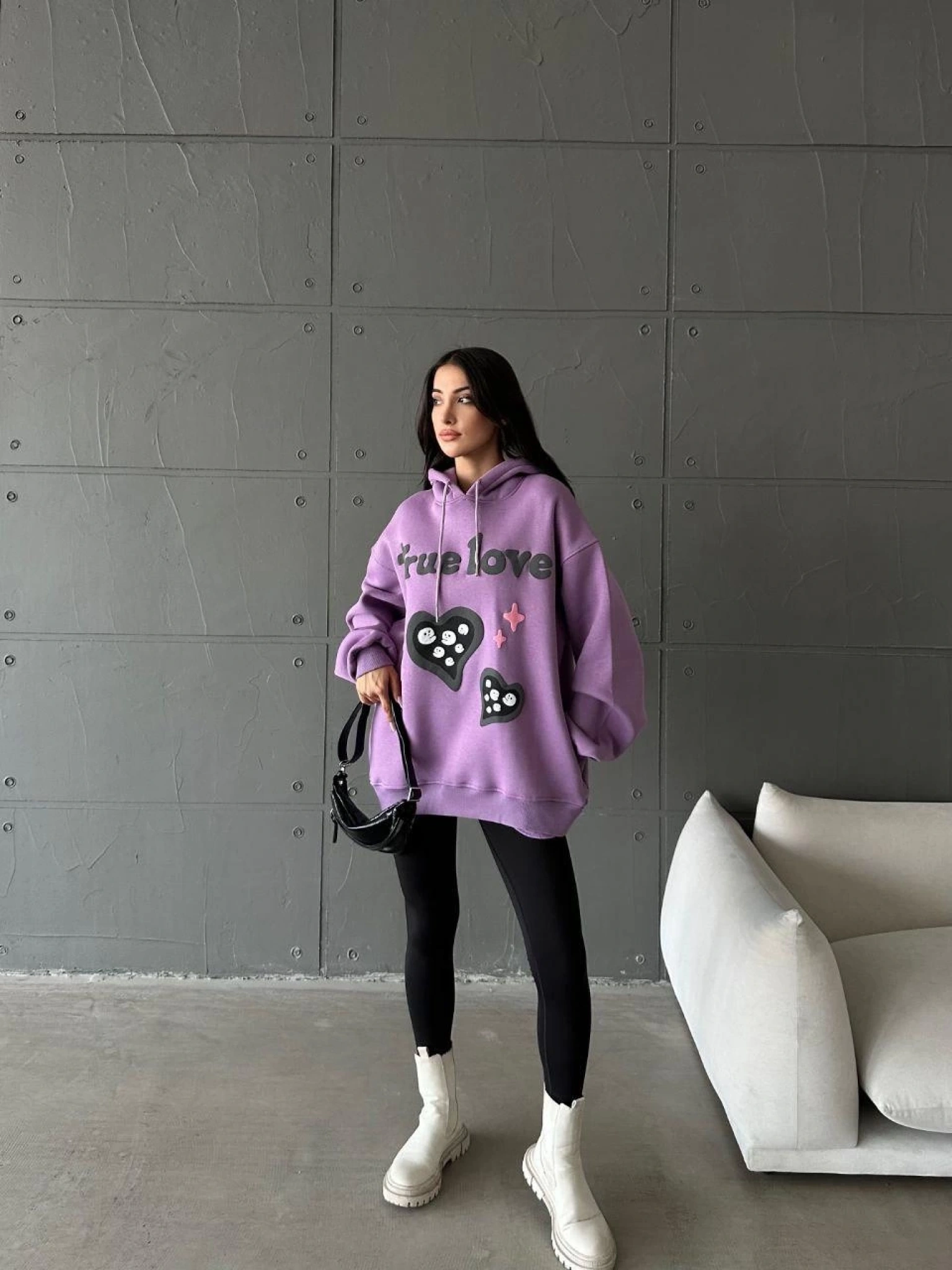 3 iplik şardonlu oversize true baskılı sweat mor