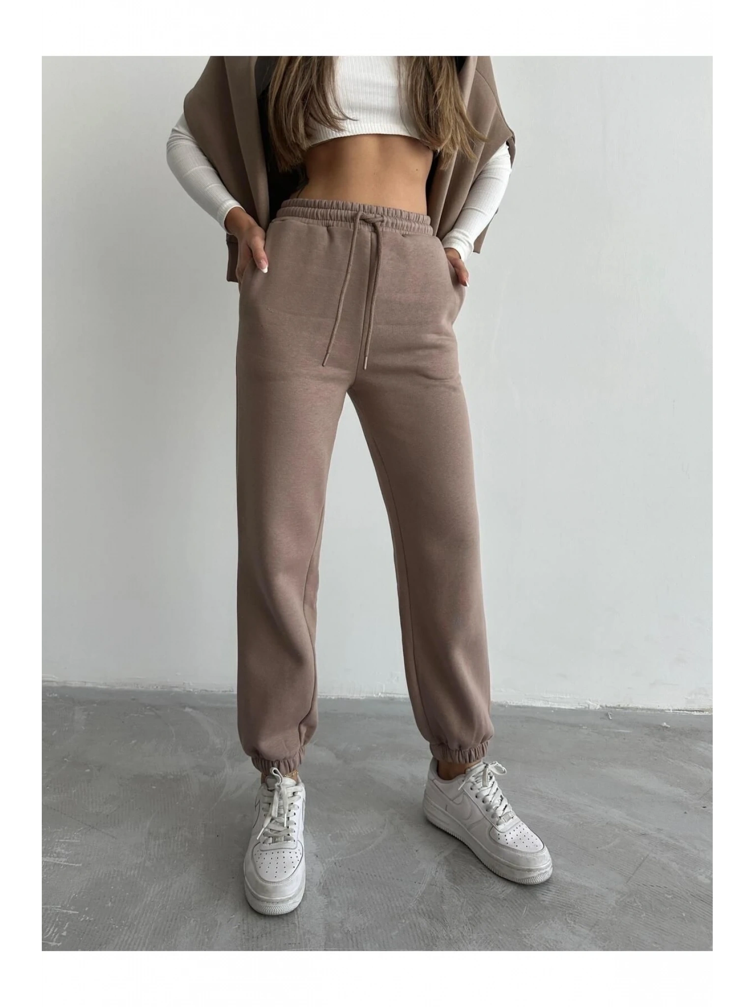 3 iplik şardonlu paça lastikli eşofman vizon is001