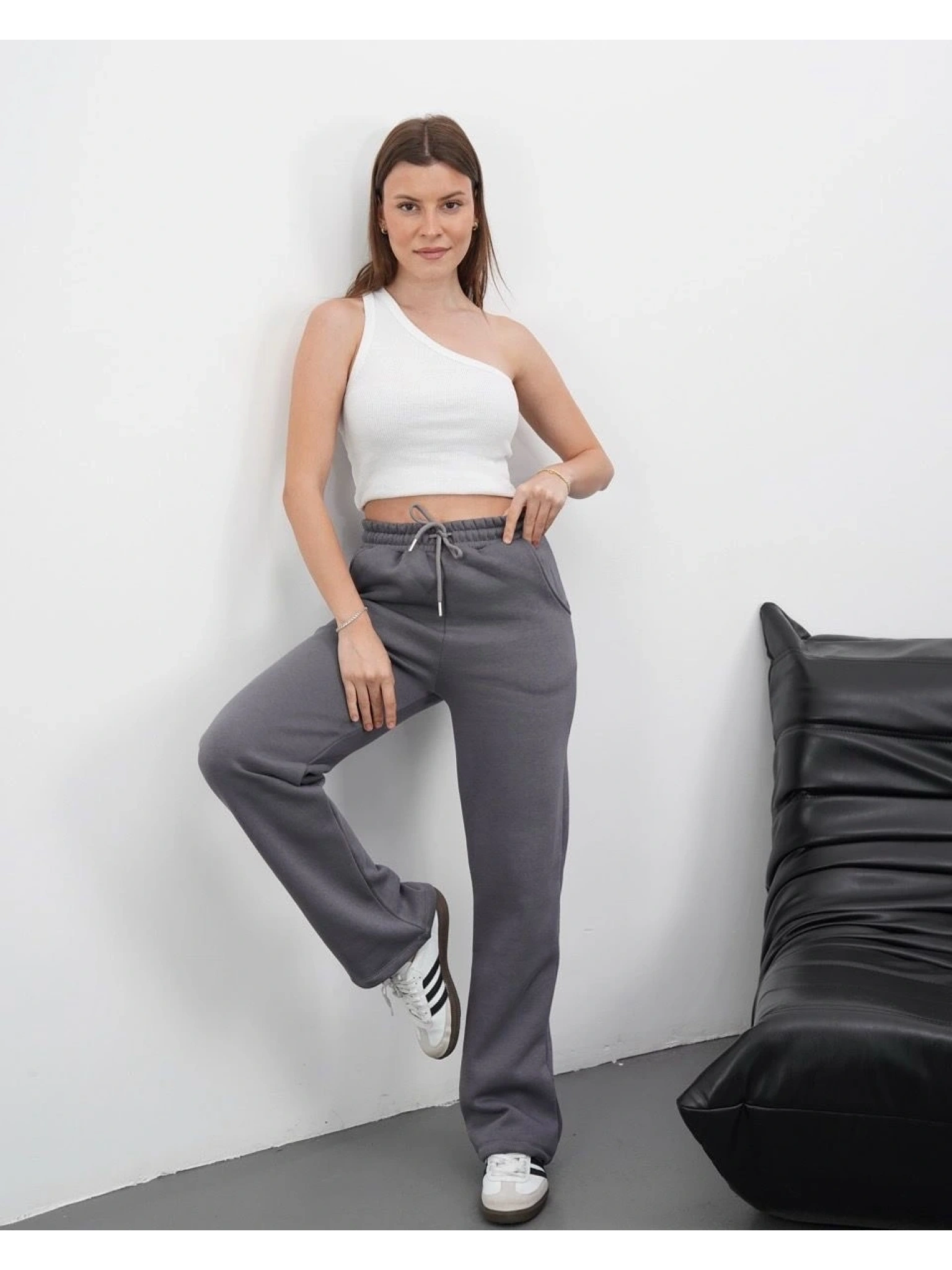 3 iplik şardonlu palazzo pantolon füme md64