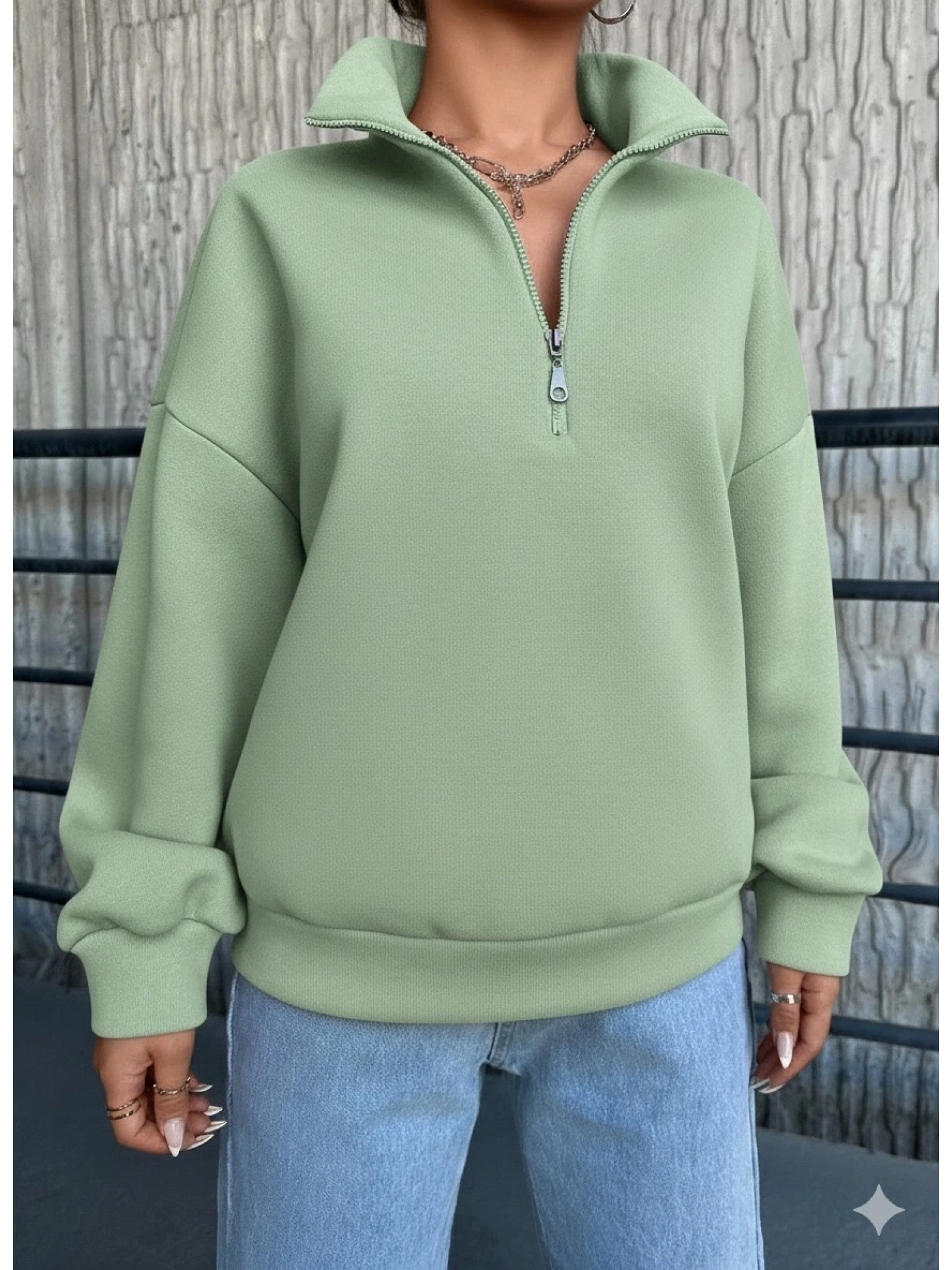 3 iplik Şardonlu yarım fermuarlı sweatshirt mint