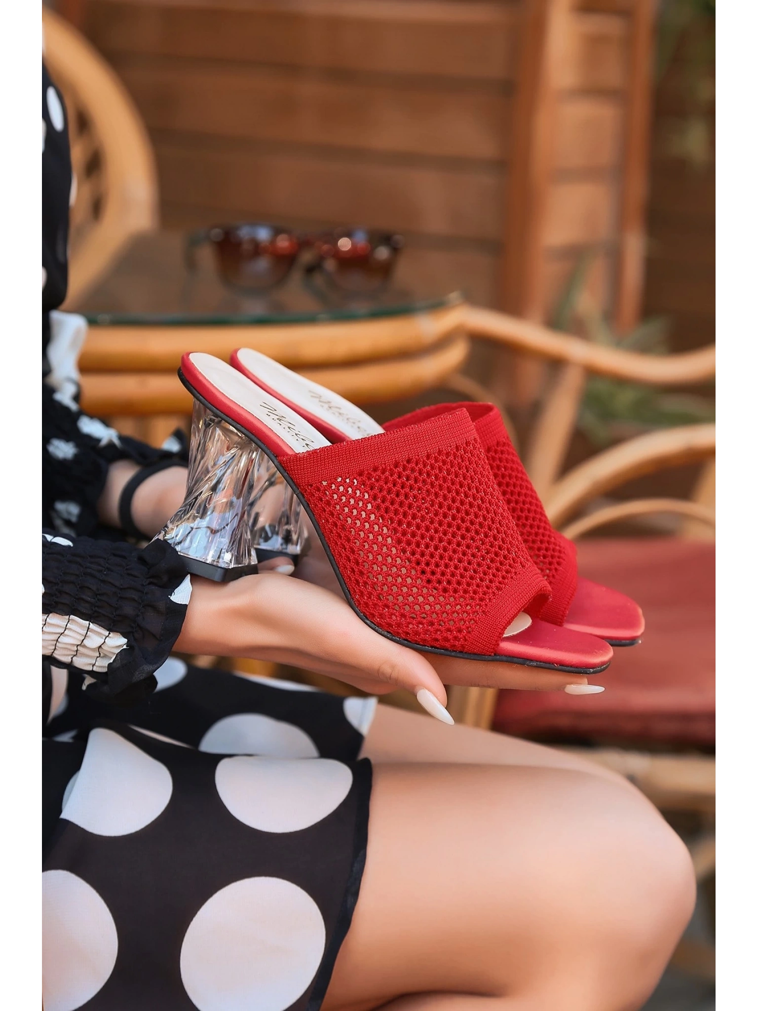 Akva Kırmızı Triko Şeffaf Topuklu Terlik