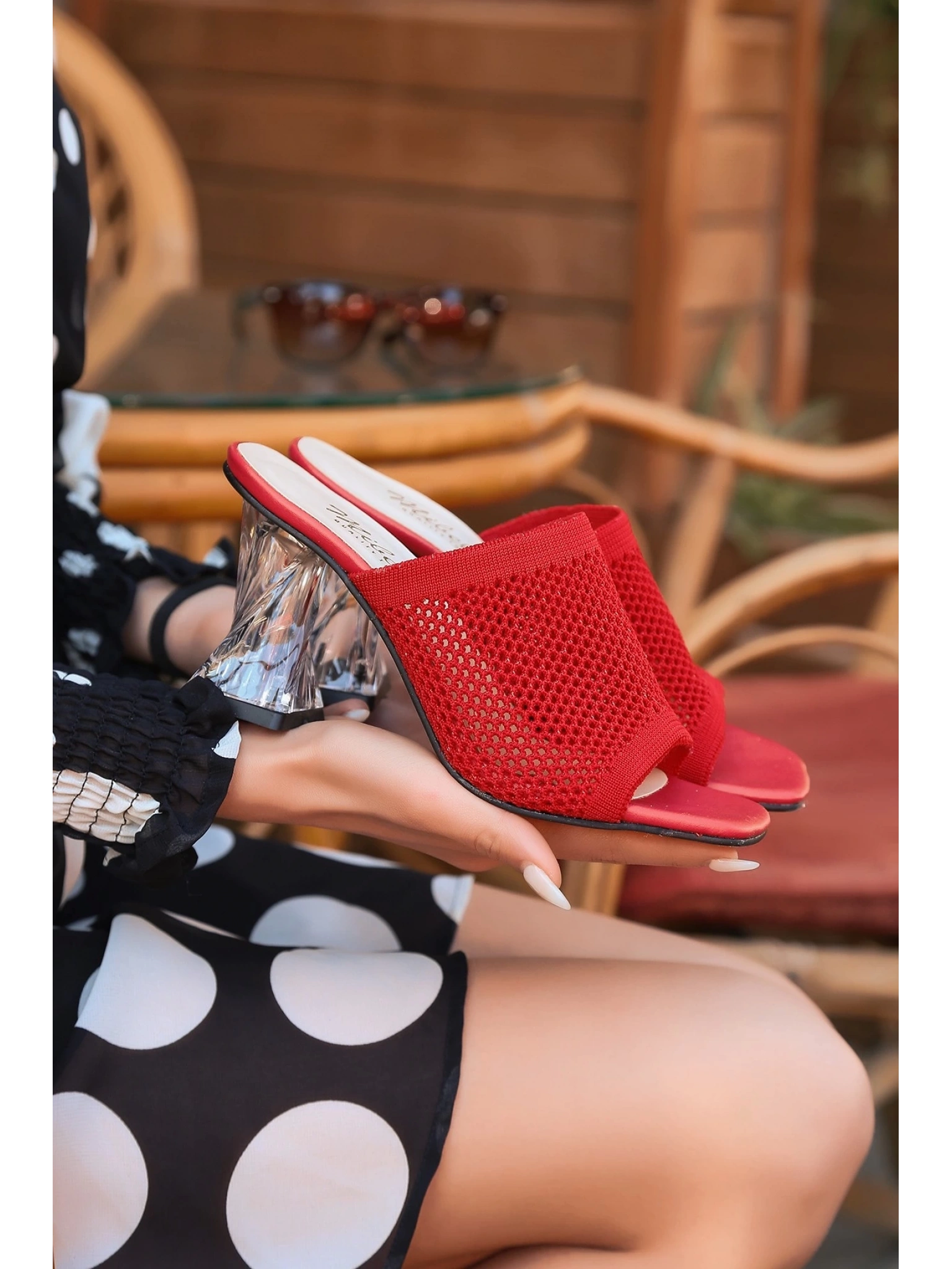 Akva Kırmızı Triko Şeffaf Topuklu Terlik