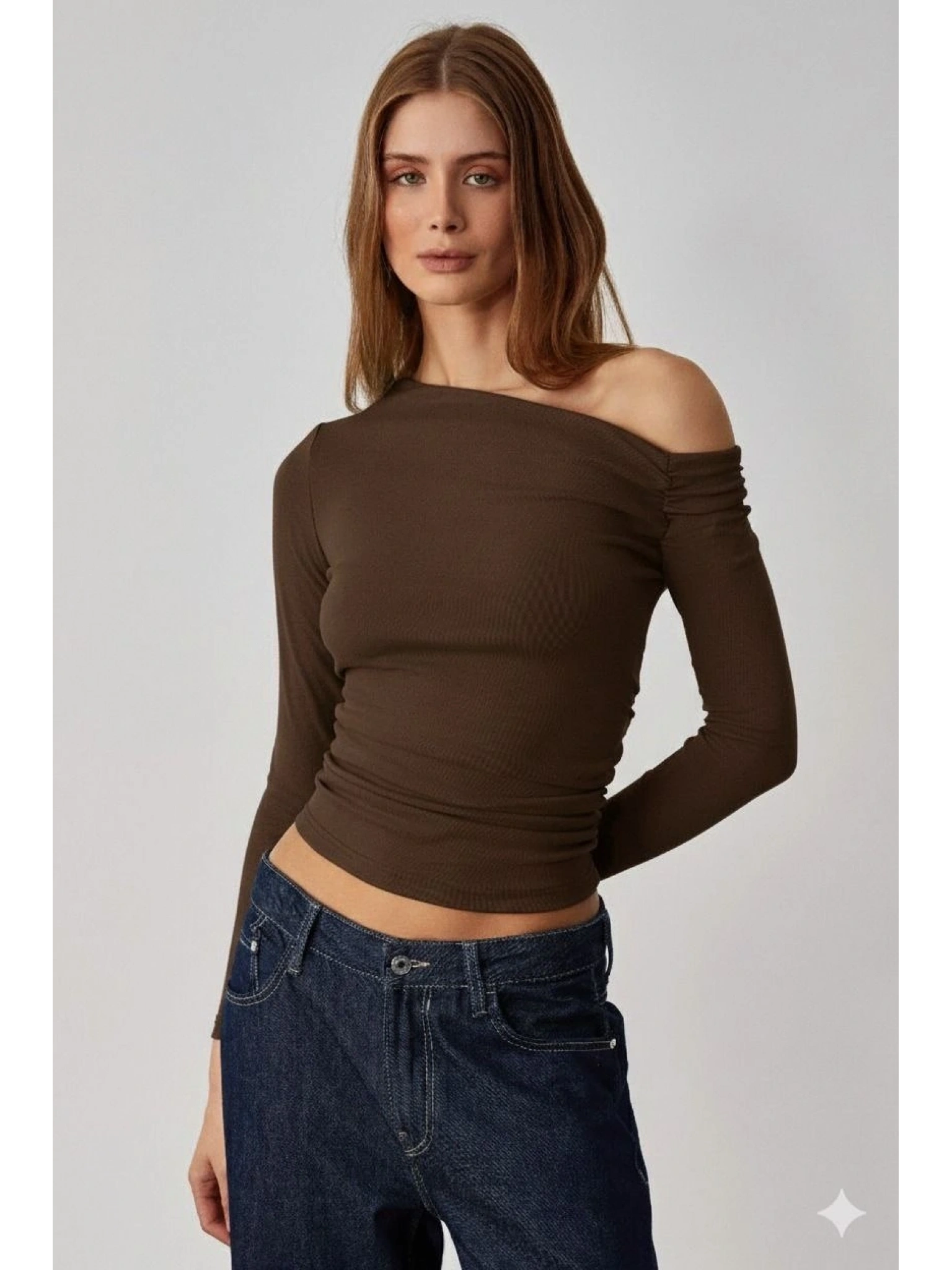 Asimetrik yaka bluz kahve pt