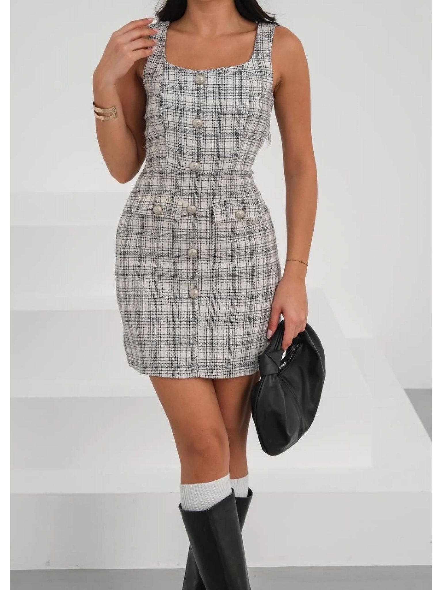 Askılı ch kumaş düğmeli elbise gribeyaz h265007