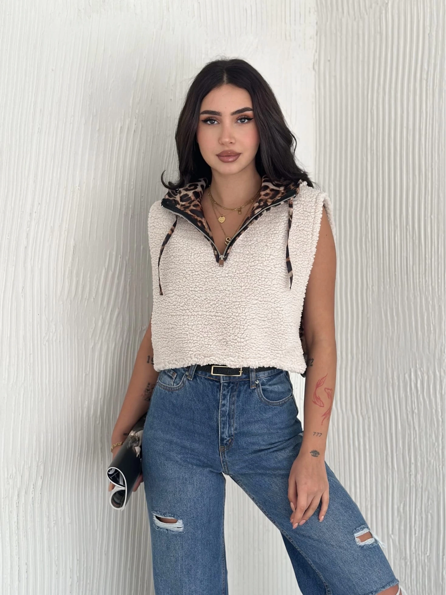 Astarlı kapşonlu kuzu yelek beyaz t1243