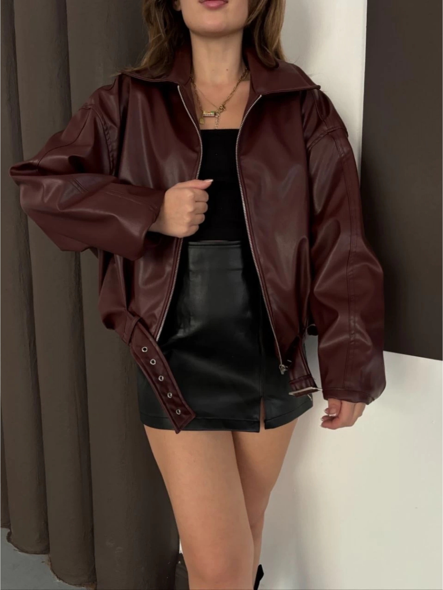 Astarlı kemerli pb deri ceket bordo onst