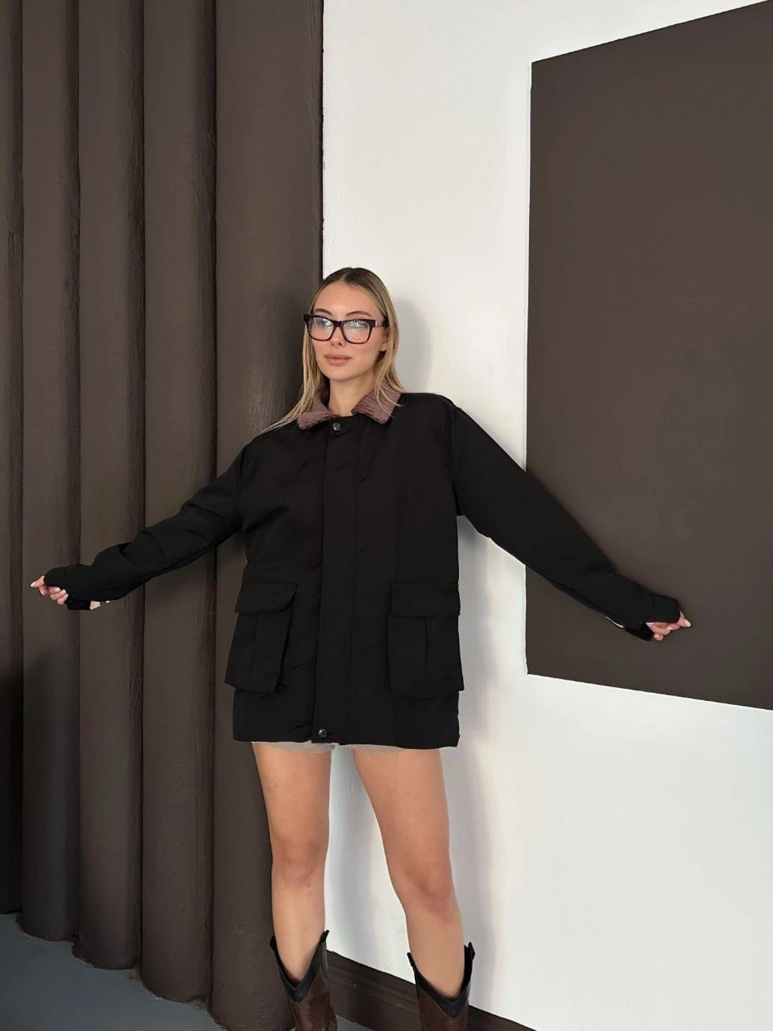 Astarlı yaka detaylı artos ceket siyah st2651019