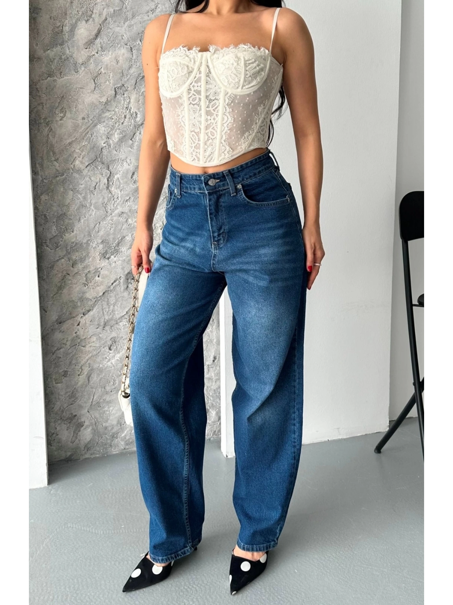 Baggy süper taş bıyık yıkama koyu mavi jeans pantolon d2007