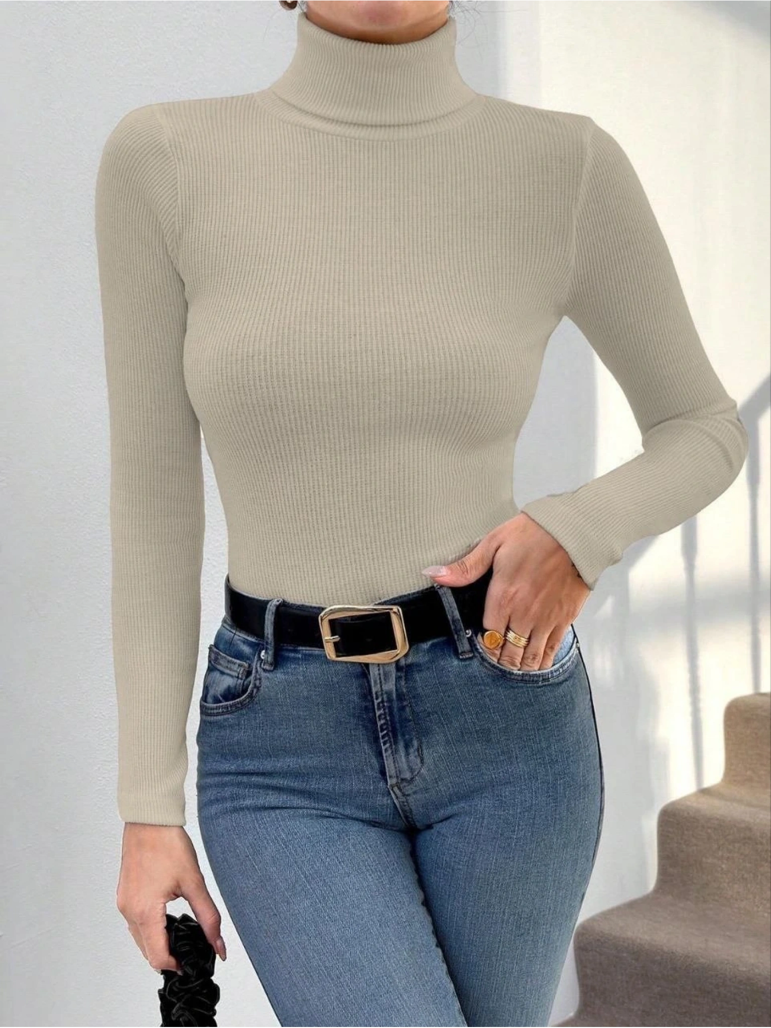 Balıkçı yaka dar kesim kaşkorse kazak bej w3103