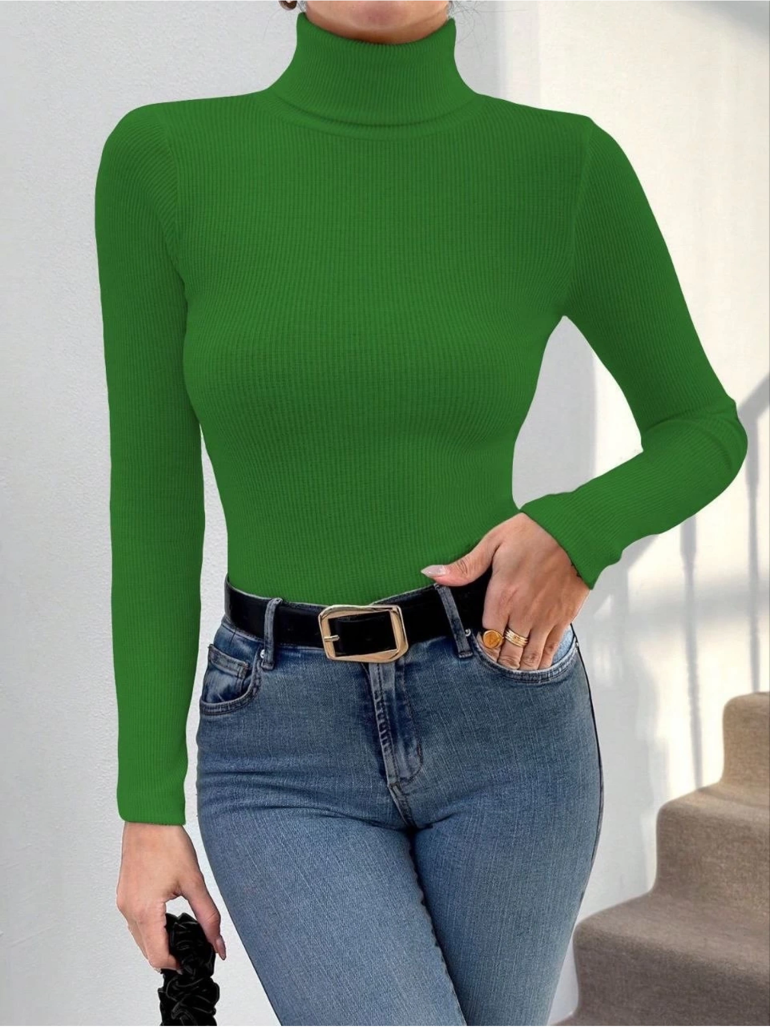 Başıkçı yaka dar kesim kaşkorse kazak yeşil w3103