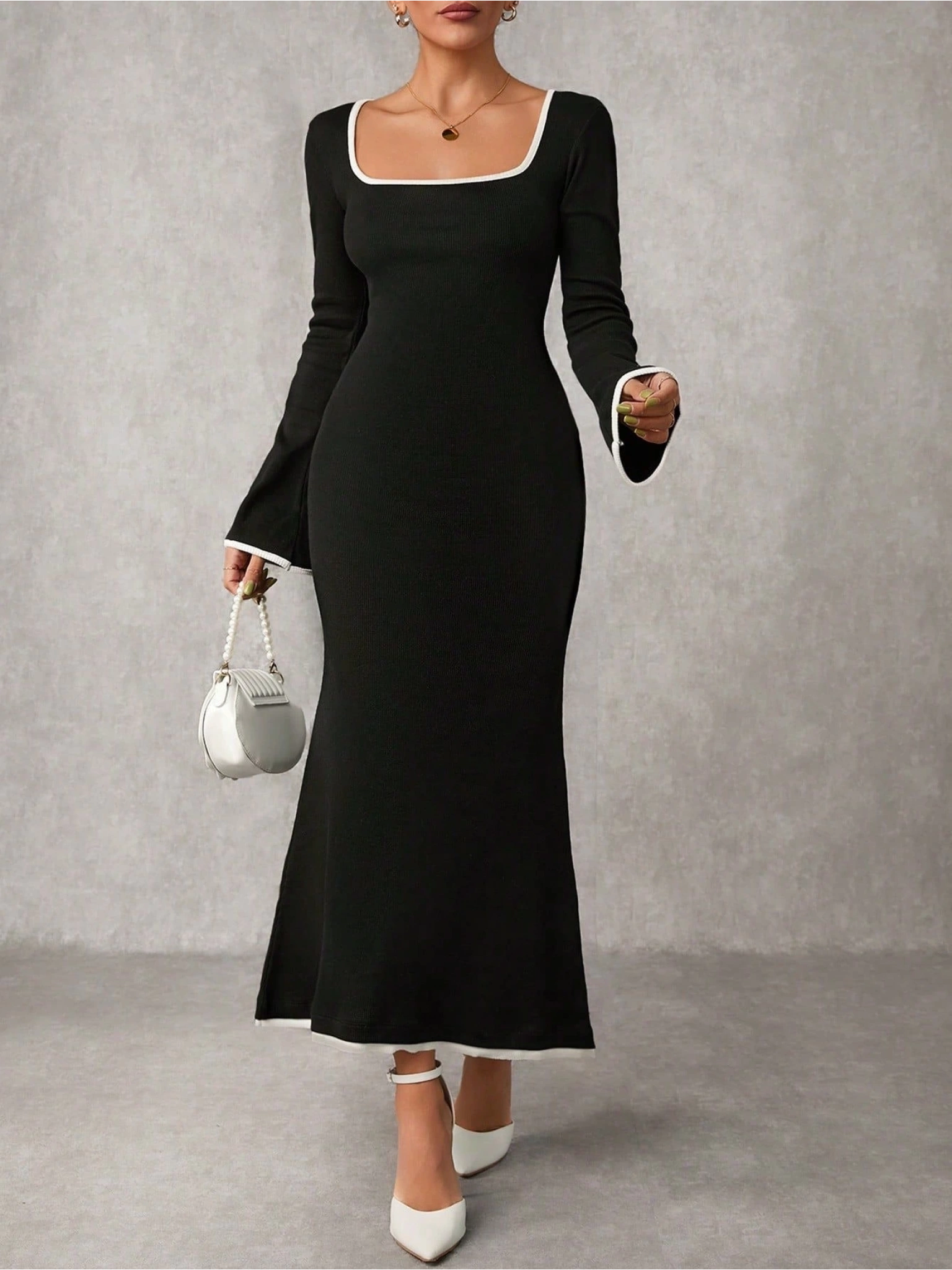 Biyeli uzun elbise siyah