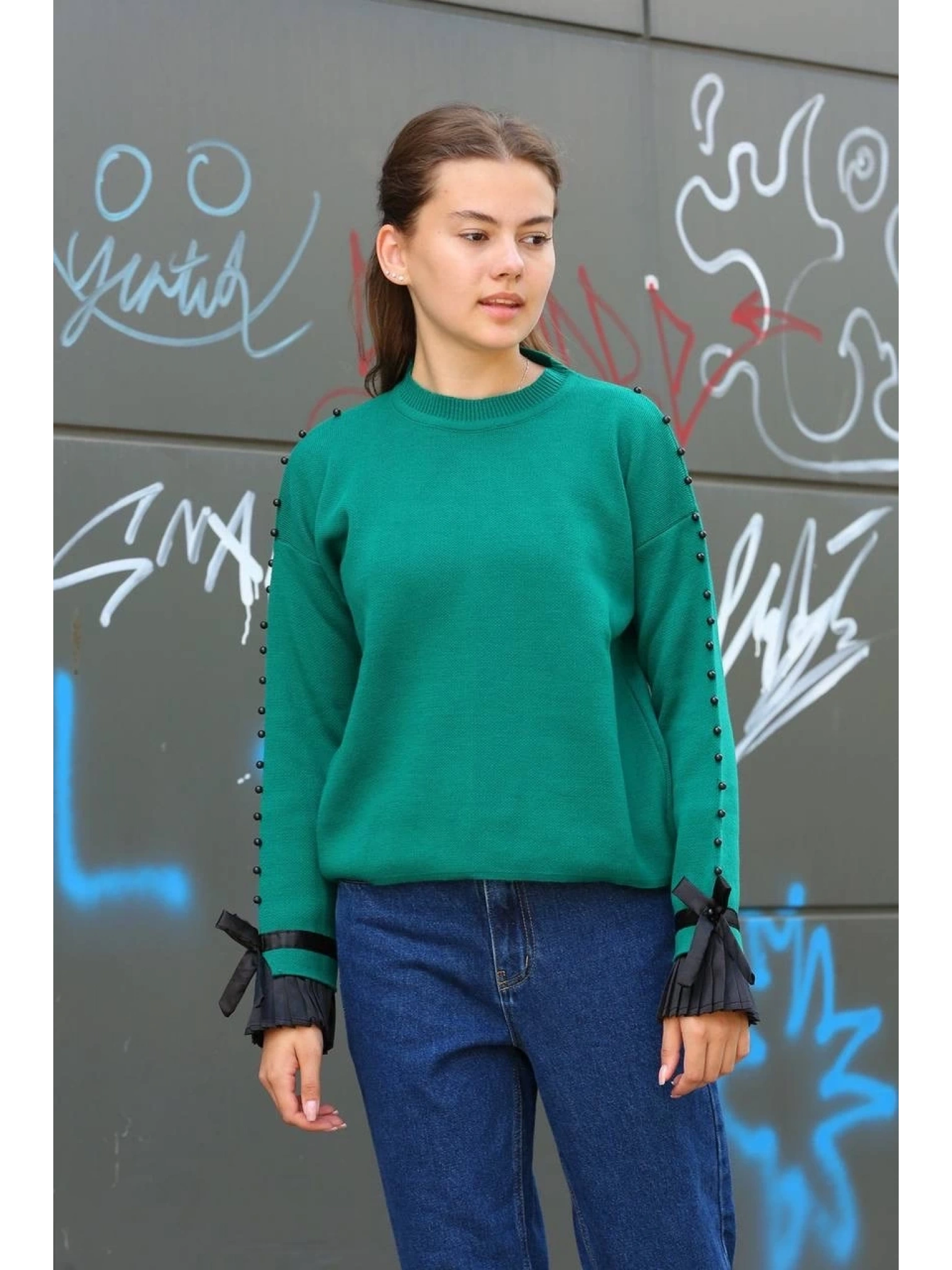 Boncuklu bile detaylı kazak petrol yeşili