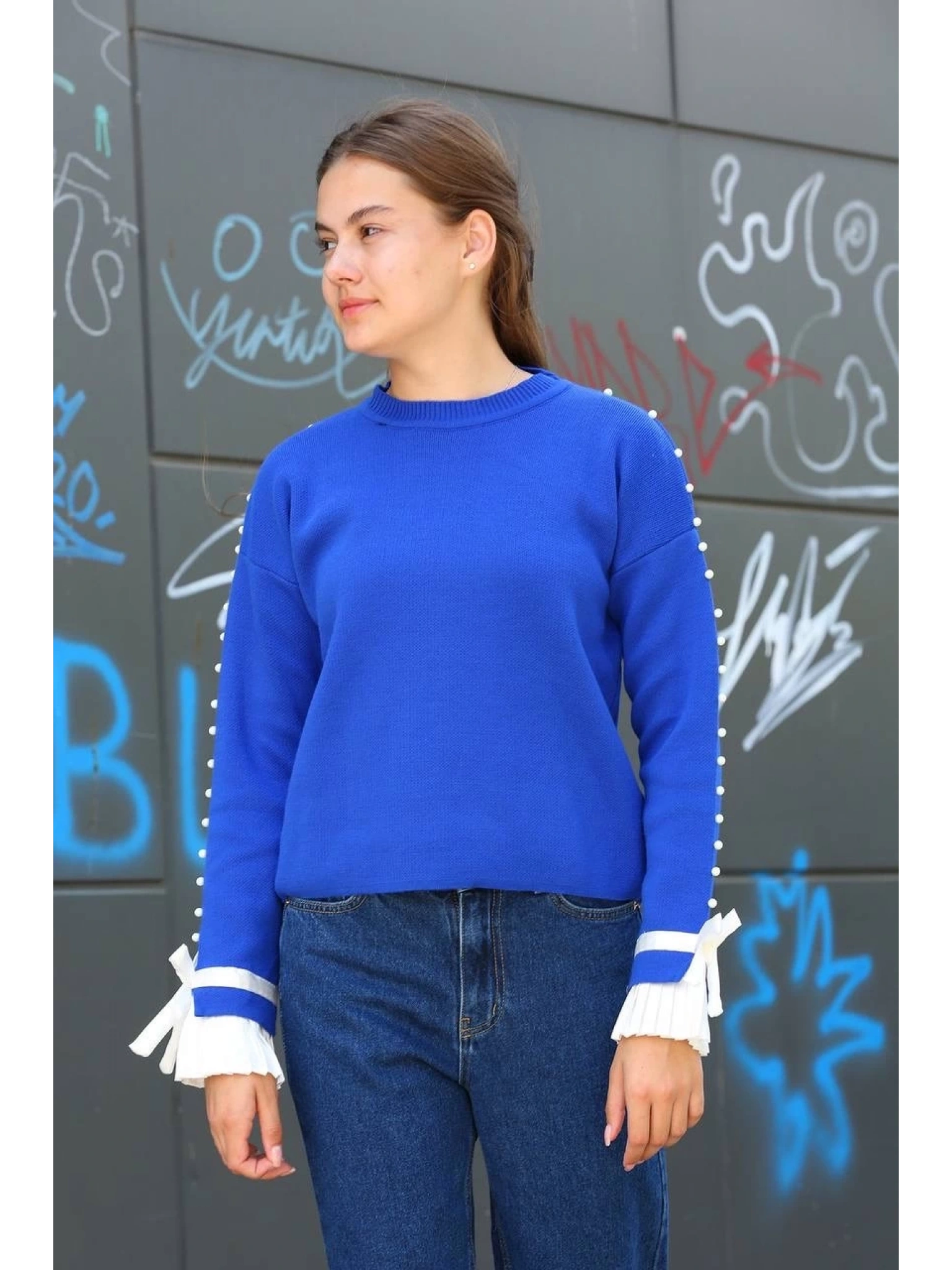 Boncuklu bile detaylı kazak saks mavisi