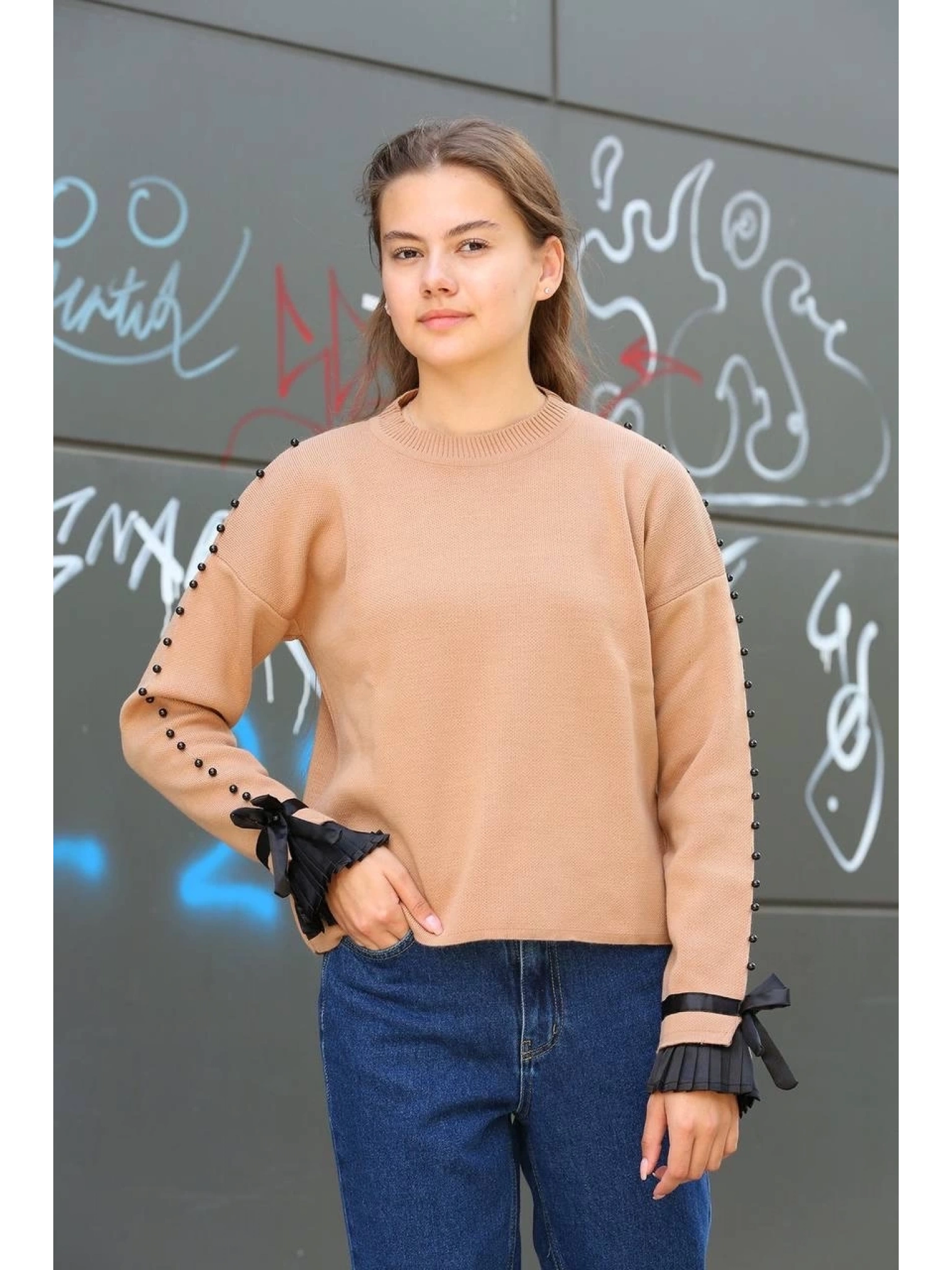 Boncuklu bile detaylı kazak vizon