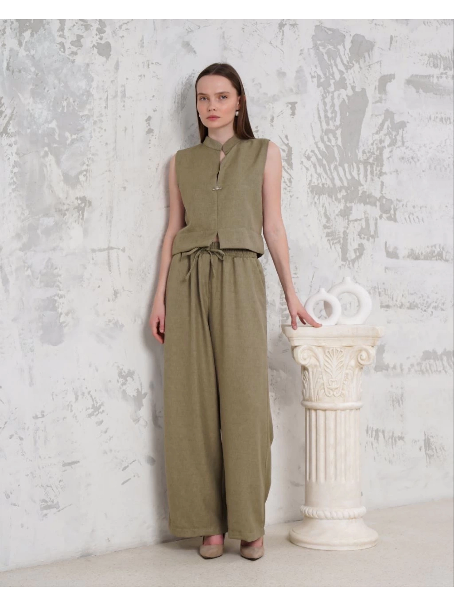 Broşlu yelek pantolon takım haki s255821