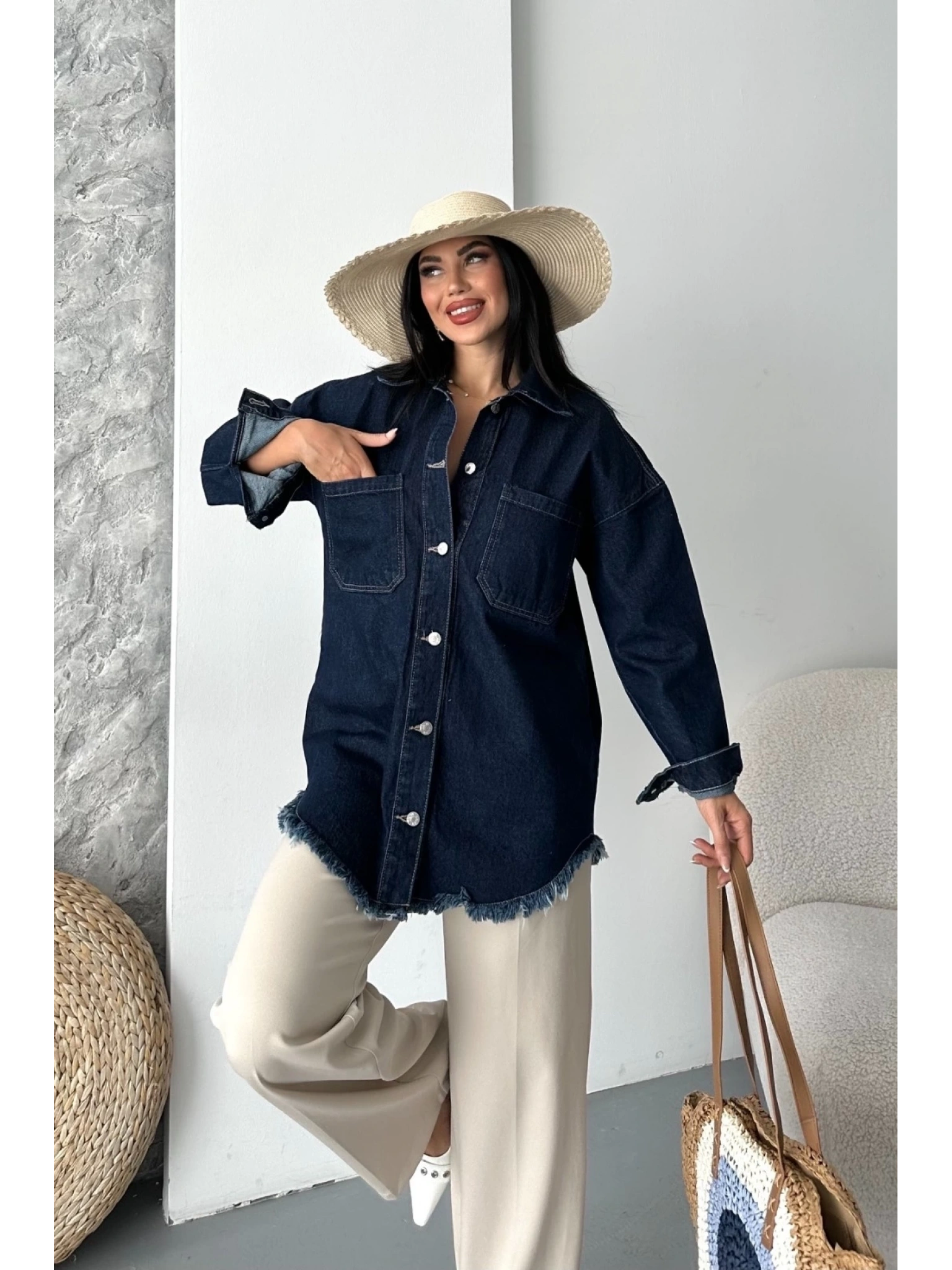 Cepli püsküllü kar yıkama kot ceket koyu mavi d2515