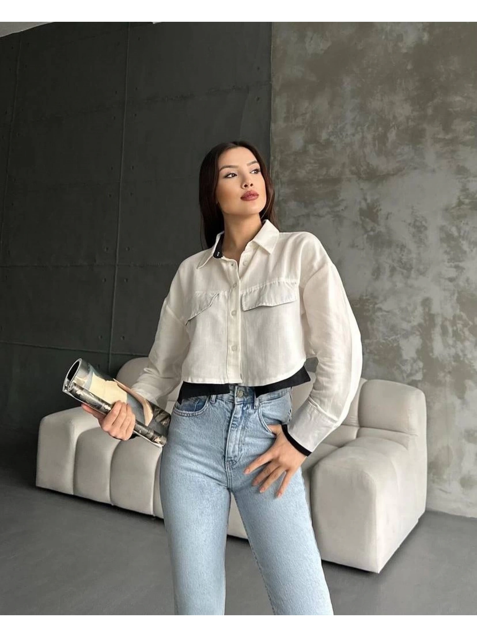 Çift renkli kısa gömlek krem s4021