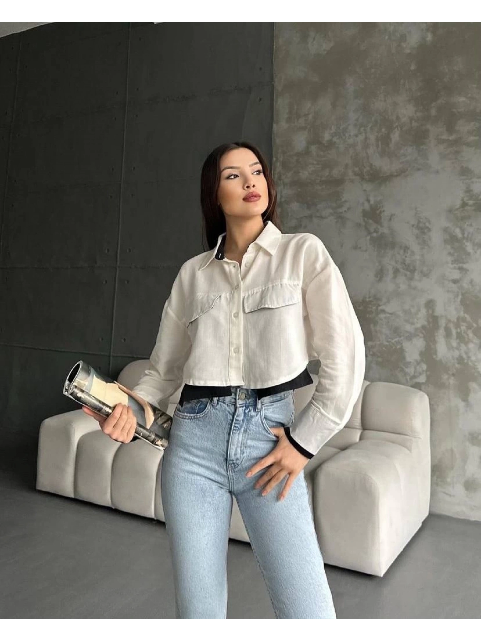 Çift renkli kısa gömlek krem s4021