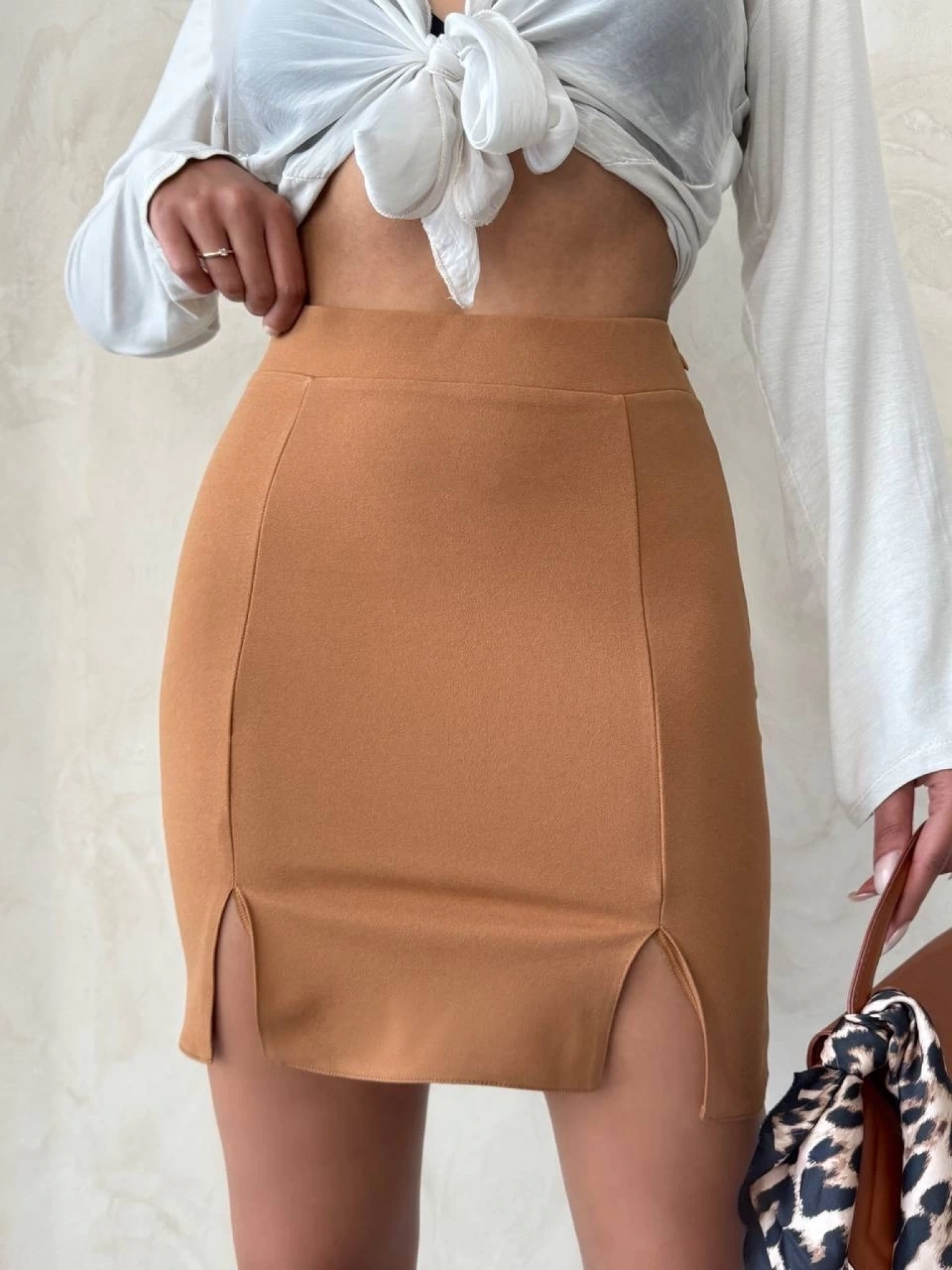 Çift yırtmaçlı etek camel s25910