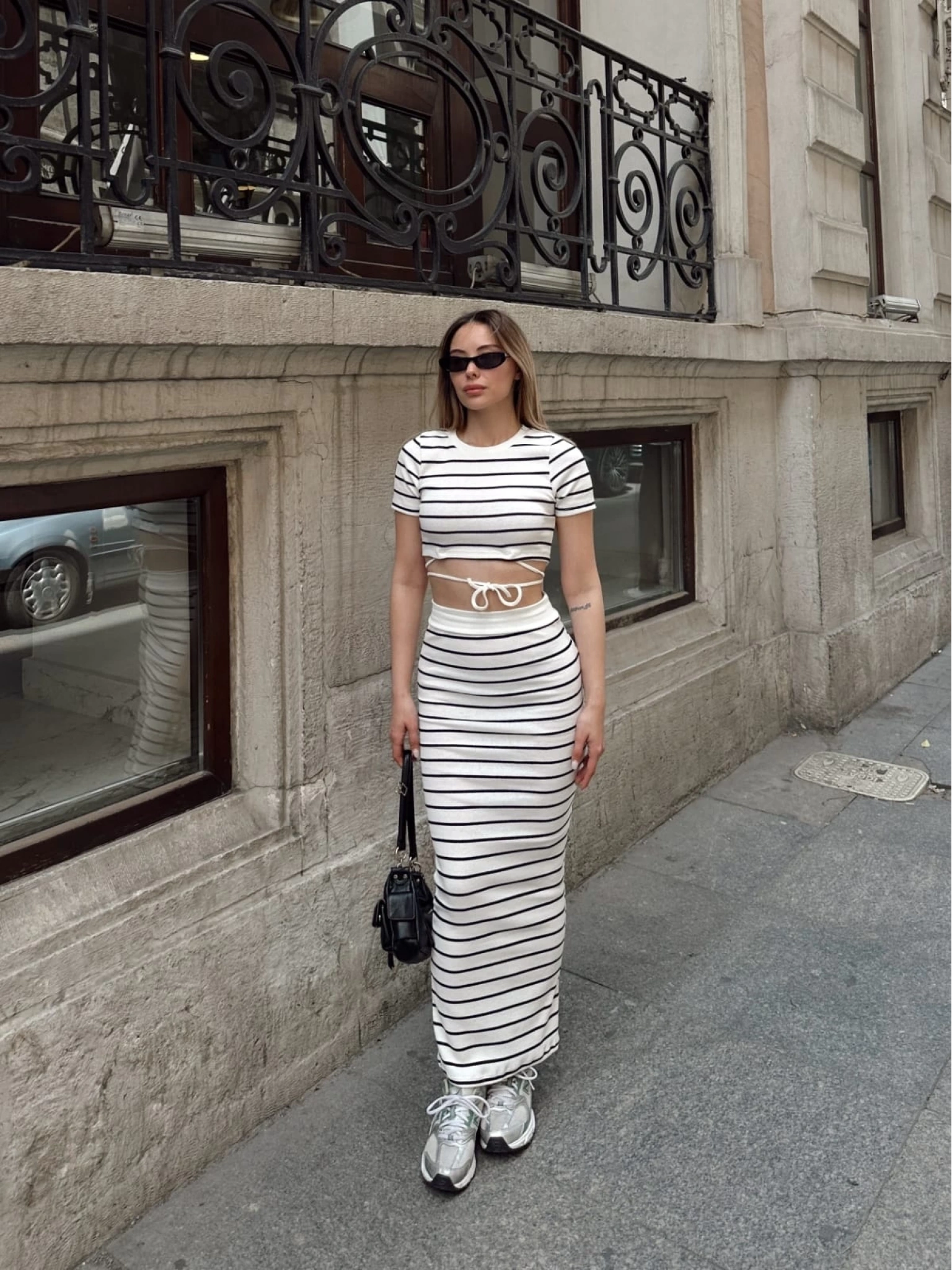 Çizgili etekli takım beyaz s3609